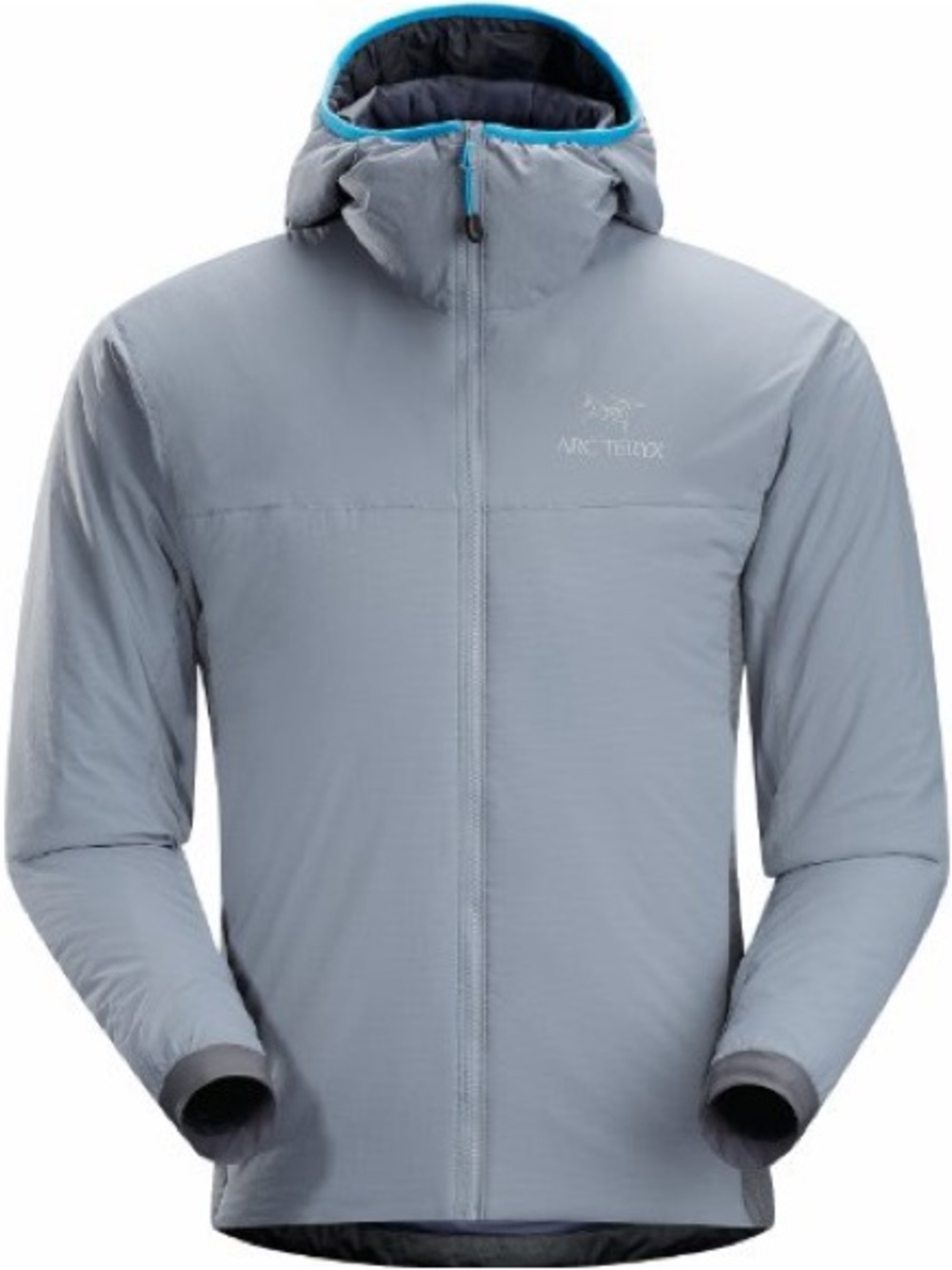 Arc'teryx Men's Light Gray Hooded Puffer with Blue Trim